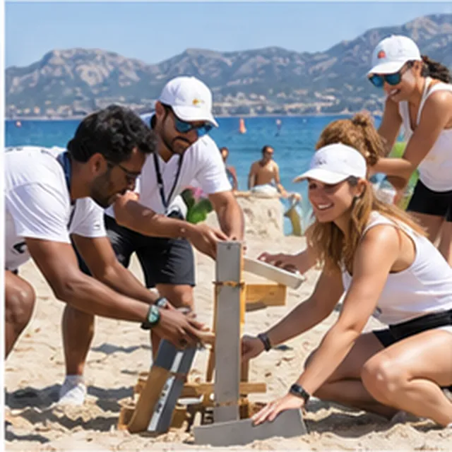 Équipe réalisant un défi collectif au bord de la mer