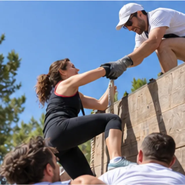 Participants s’entraidant sur un défi sportif en plein air
