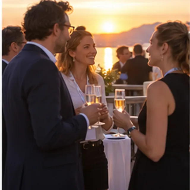 Professionnels échangeant lors d’un cocktail au coucher du soleil